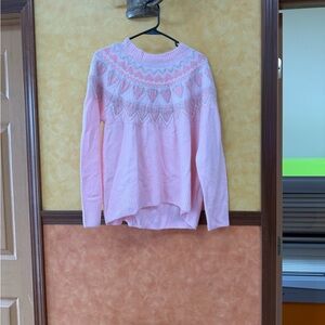 CeCe Pink Heart Patterned Fair Isle Crew Neck Sweater